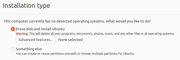 Ubuntu installer step to select the installation type