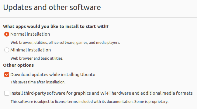 Ubuntu installer step to select update settings and specify if an user wants normal or minimal installation