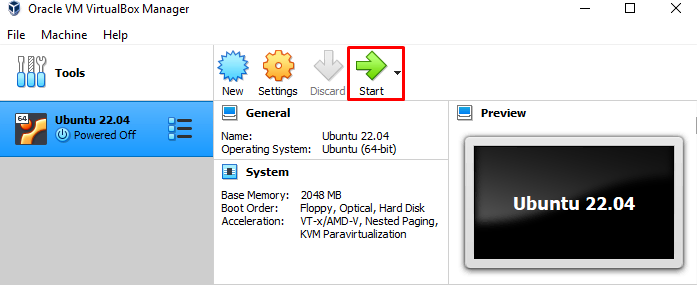 Main VirtualBox window. The red border indicates the button to open the settings menu