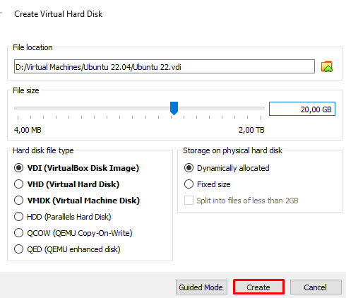 VirtualBox window to specify hard drive size, type and storage