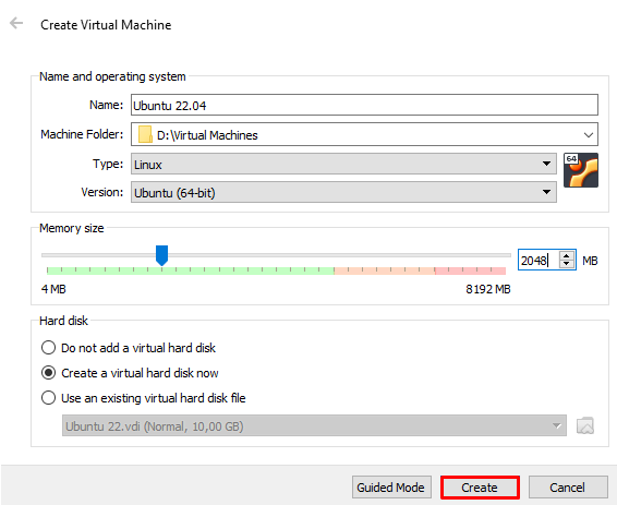VirtualBox window to specify the virtual machine name and memory size
