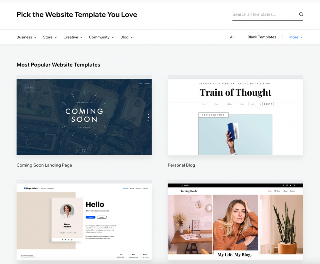 Wix offering a wide range of different website templates