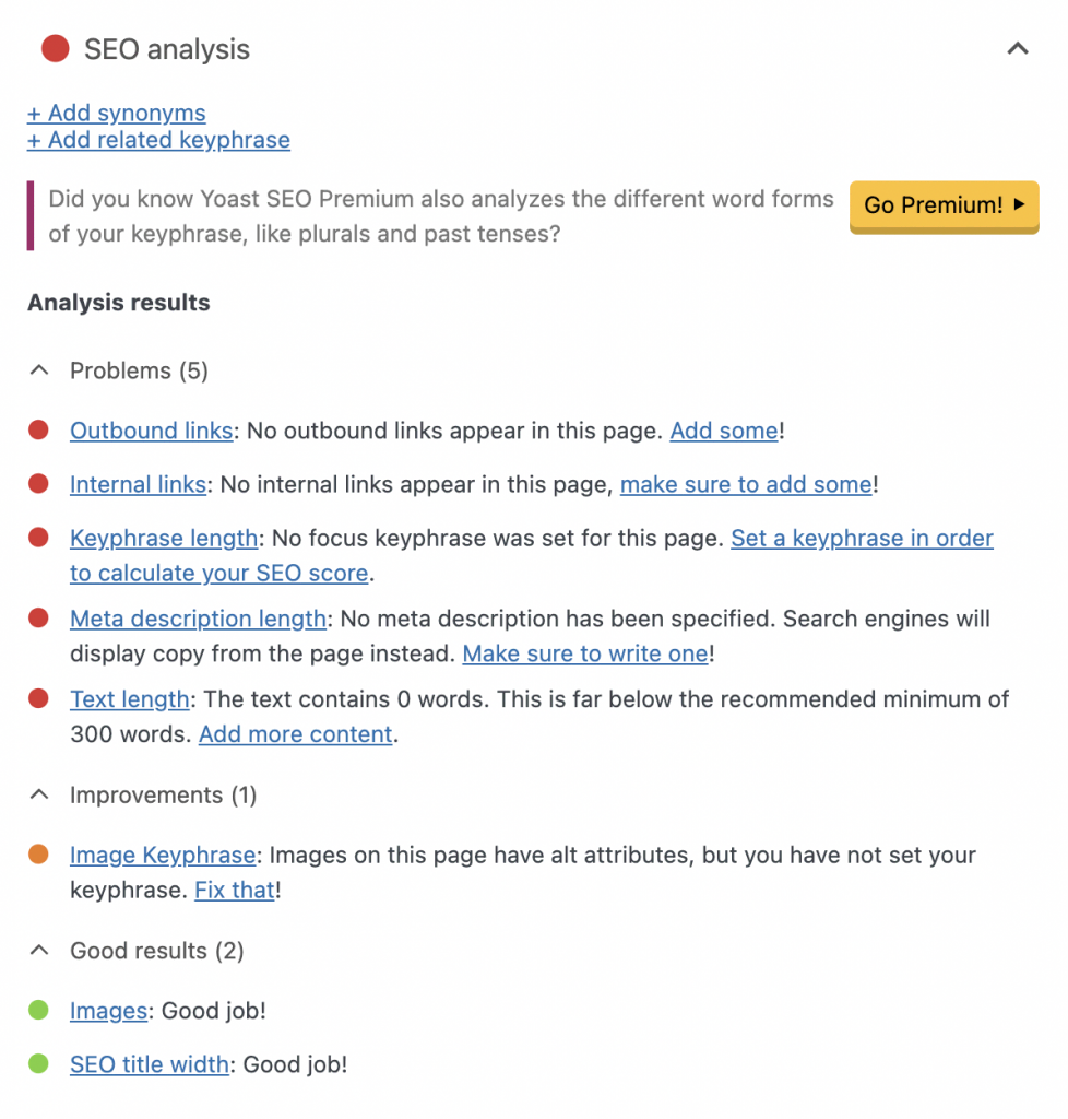 Yoast SEO analysis report example