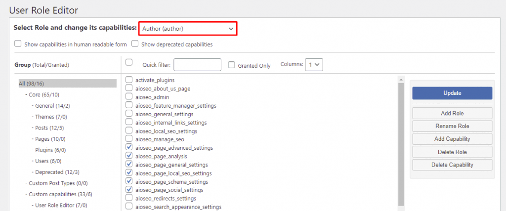 Changing the Author user role's capabilities using the User Role Editor plugin