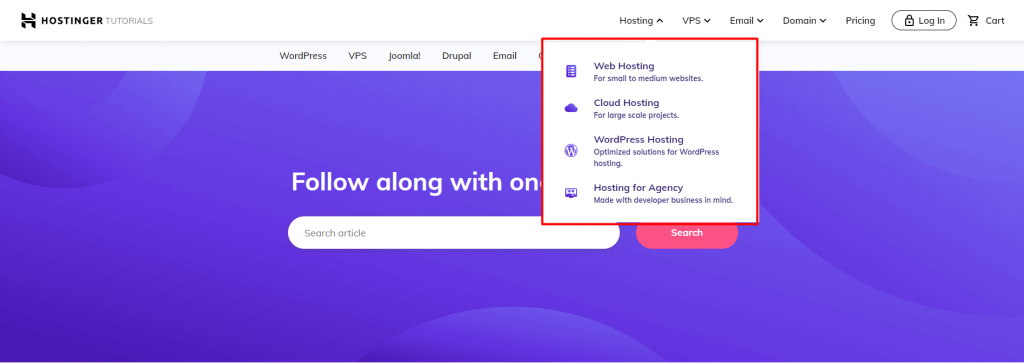 An example of a drop-down menu on Hostinger Tutorials