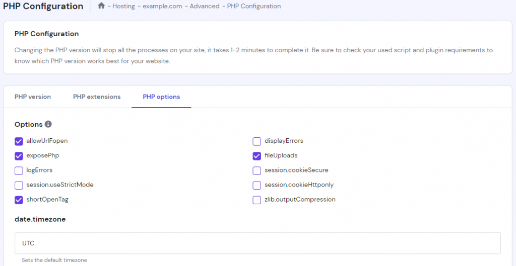 The PHP Options section on the PHP Configuration page on hPanel