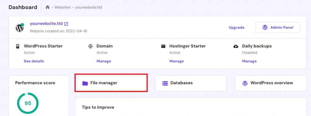 The File Manager button in hPanel's website managment menu