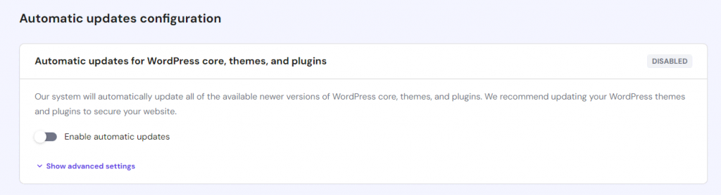 The WordPress auto-update feature in hPanel