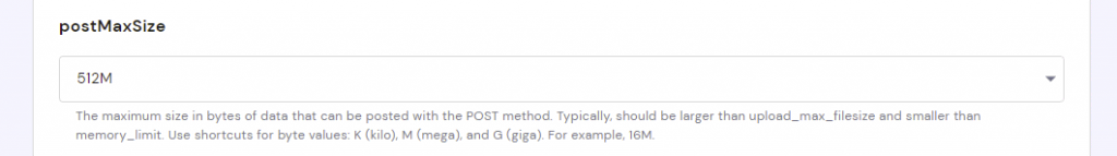 Increasing the maximum post size via PHP Configuration settings in the hPanel dashboard