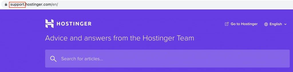 An example of a URL using a subdomain: support.hostinger.com, Hostinger's Help Center
