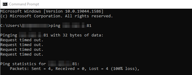 An unsuccessful ping attempt on the Windows Command Prompt.