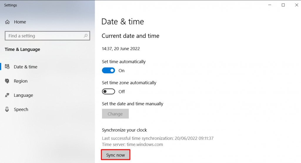 The Date & Time settings on Windows Control Panel, showing where the "Sync now" button is located