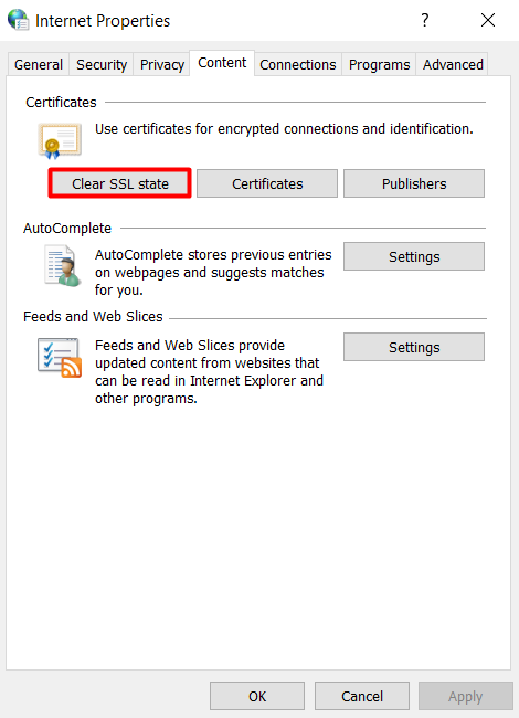 The Internet Properties tab on Windows that shows how to clear SSL state