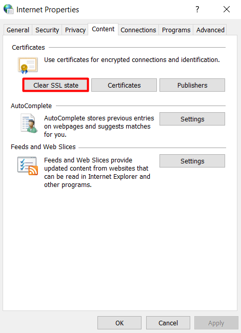 The Internet Properties tab on Windows that shows how to clear SSL state