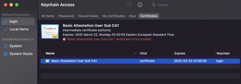 The Keychain Access section on macOS, showing an untrusted certificate