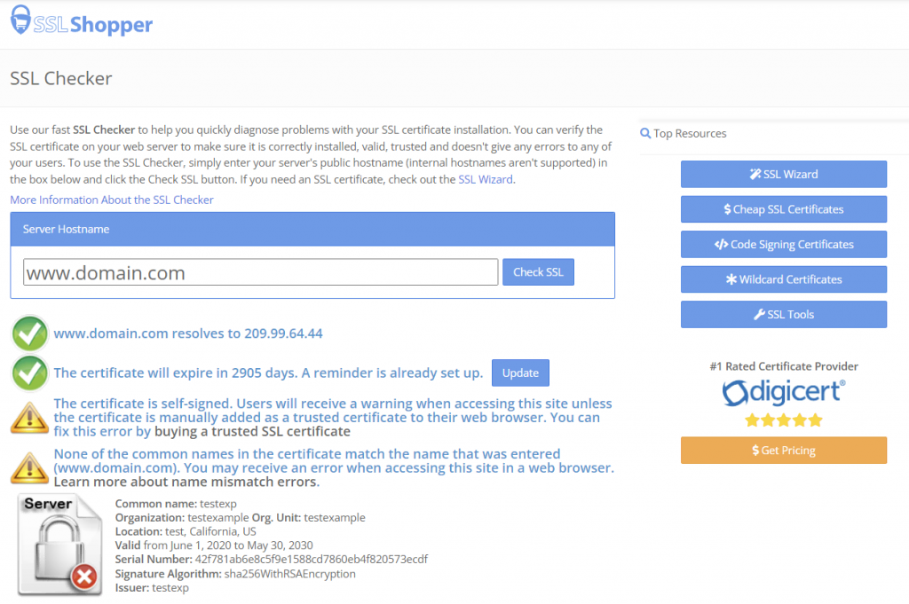 The SSL Shopper tool showing SSL errors