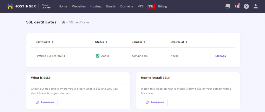 The SSL section on hPanel