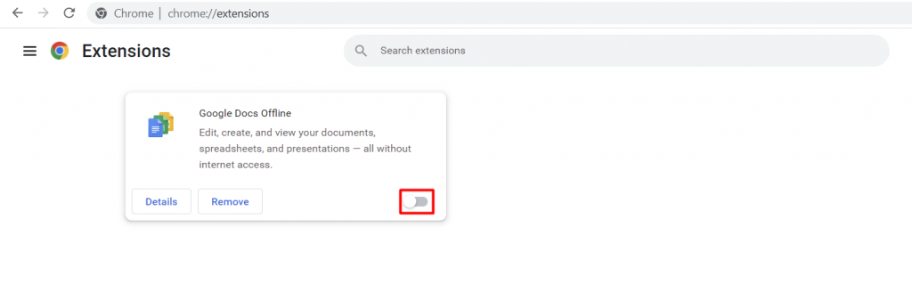 The toggle button to disable Google Chrome's extensions