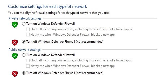Turning off Windows Defender Firewall for private and public network