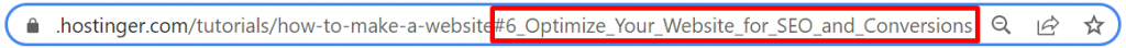 an anchor link in a Hostinger tutorial's URL for how to make a website