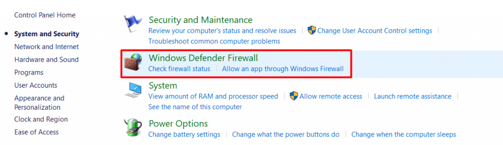 The location of the Windows Defender Firewall section on the Windows control panel