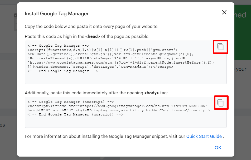 Copy and paste code snippets onto your WordPress website to enable Google Tag Manager.
