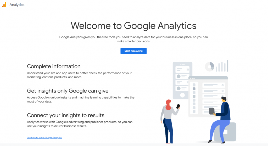 Trang chào mừng của Google Analytics.