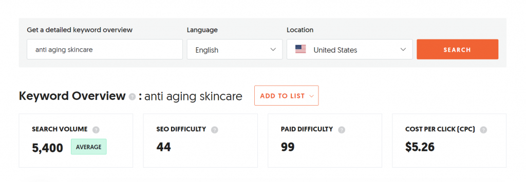 Tổng quan về từ khóa "chăm sóc da chống lão hóa" trên Ubersuggest bao gồm lượng tìm kiếm, độ khó SEO và giá trị chi phí mỗi lần nhấp.