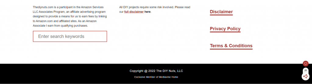 The DIY Nuts' footer including the Disclaimer, Privacy Policy, and Terms & Conditions links and information that the blog is a part of Amazon's affiliate program