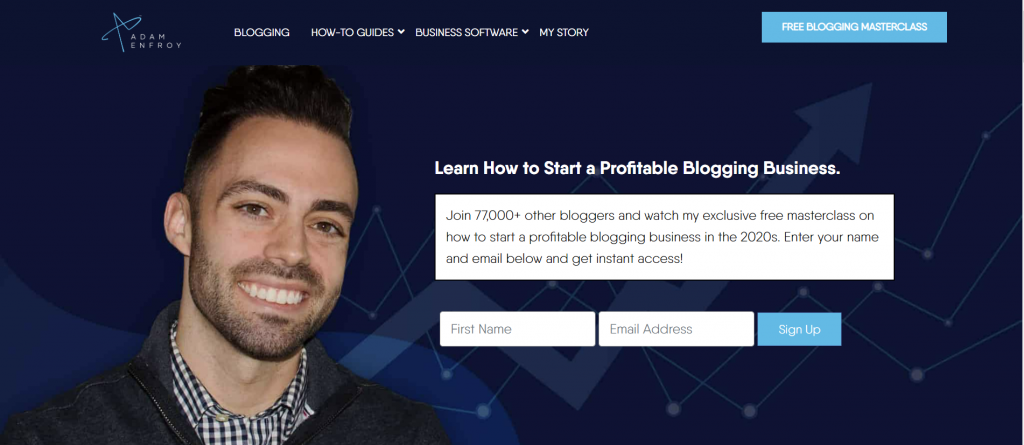 The homepage of Adam Menfroy, a blogger and affiliate marketer.