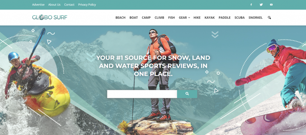 The homepage of Globo Surf, an outdoor gear review site.