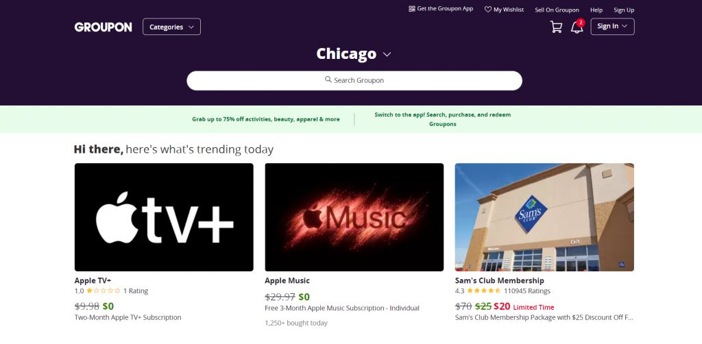 The homepage of Groupon, a daily deals website