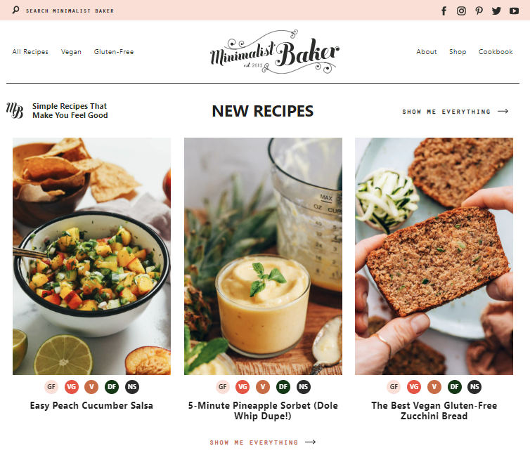 The homepage of Minimalist Baker, a plant-based and gluten-free recipes provider.