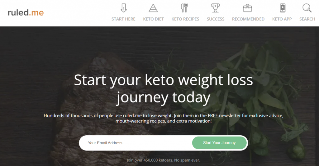 The homepage of Ruled.me, a keto diet app developer.