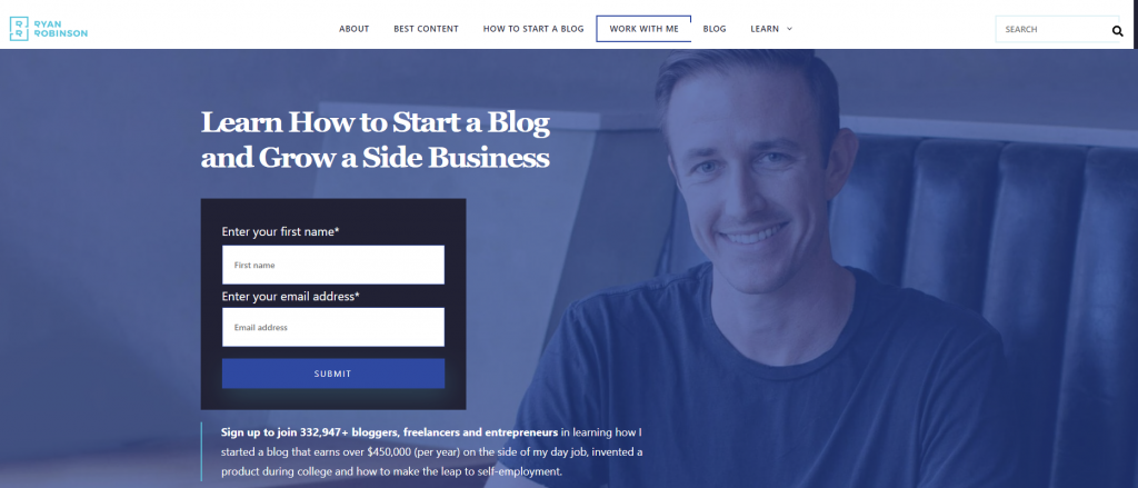 The homepage of Ryan Robinson, a blogging expert and affiliate marketer