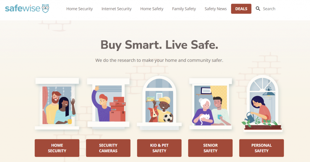 The homepage of SafeWise, a review site specializing in home automation and security.