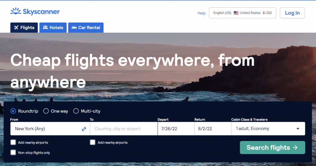 The homepage of Skyscanner, a flight and hotel comparison website
