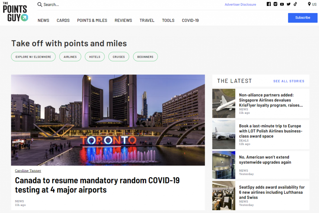The homepage of The Points Guy, a points-and-miles travel website.