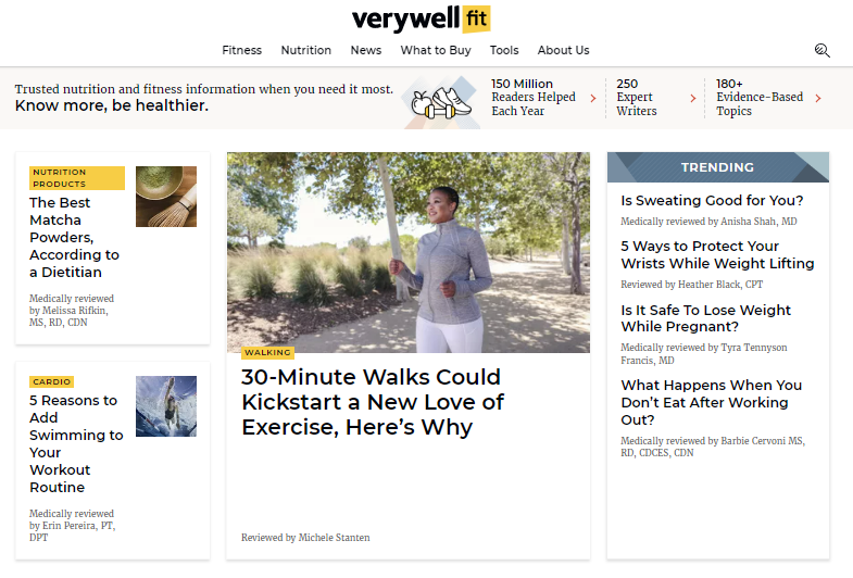 The homepage of Verywell Fit, a fitness news site.