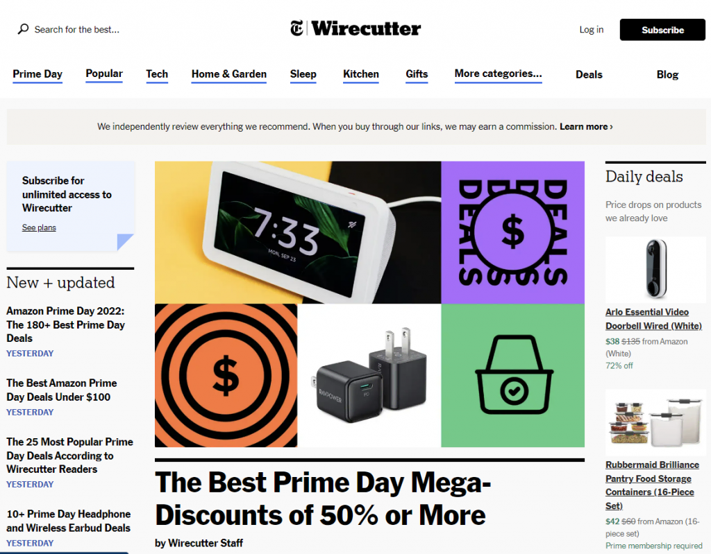 The homepage of Wirecutter, an affiliate site owned by the New York Times.