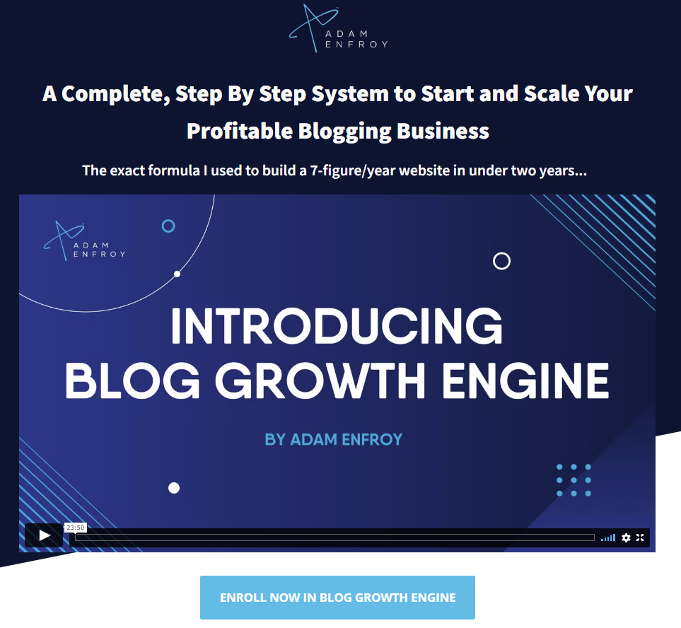 The landing page of Blog Growth Engine, a blogging masterclass by Adam Enfroy.