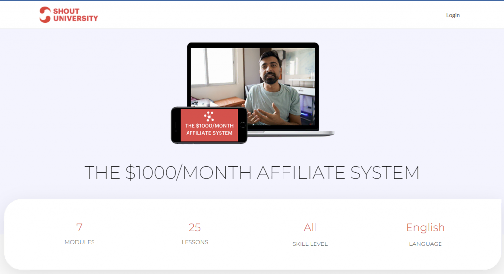 The landing page of The $1000/Month Affiliate System course on Shout University's site.