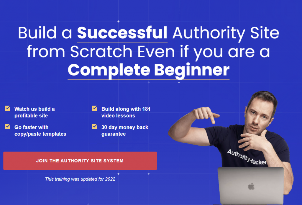 The landing page of The Authority Site System, an online course by Authority Hacker.