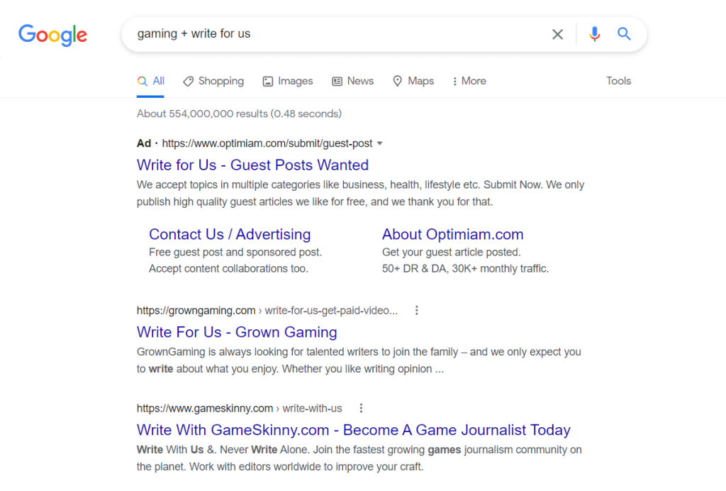 The search results of "gaming + write for us" to find guest post opportunities in the gaming niche.