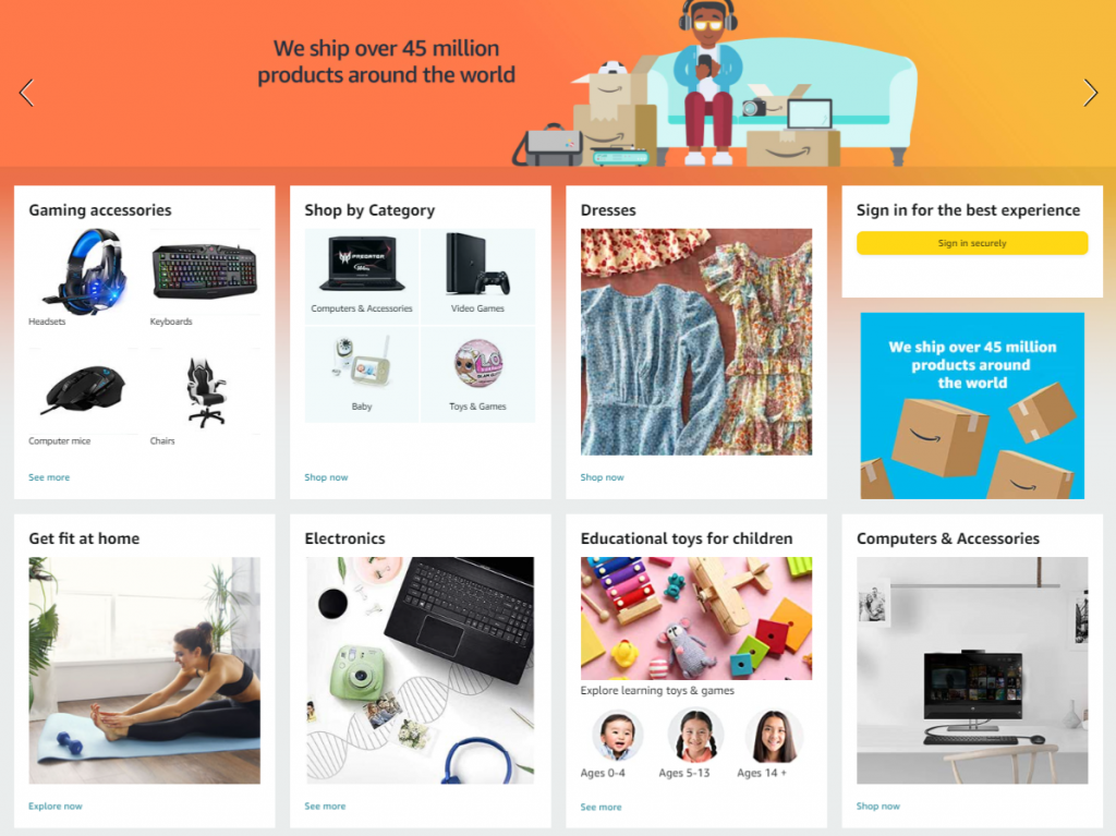 Product categories on Amazon's homepage