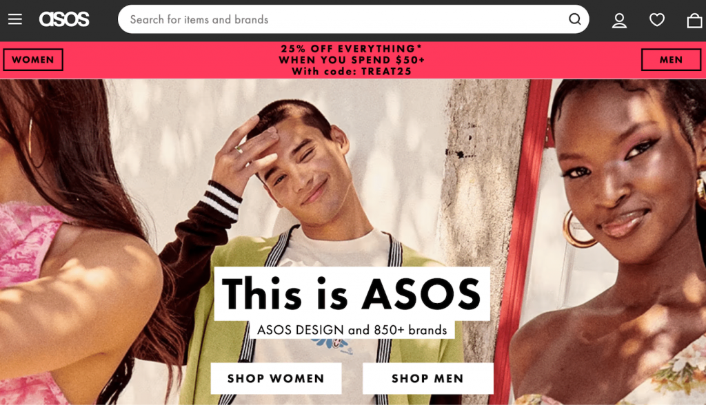 ASOS fashion and cosmetic retailer front page