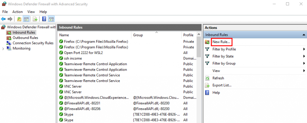 Adding a new inbound rule on Windows Defender Firewall.