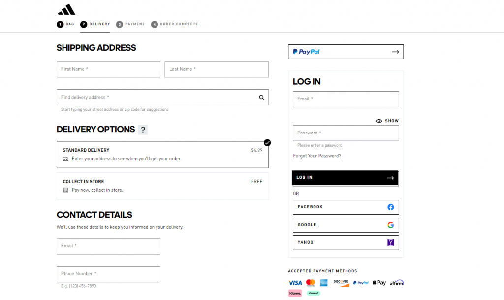 Adidas' order form displaying placeholders for shipping address, delivery options, contact details, and login credentials.
