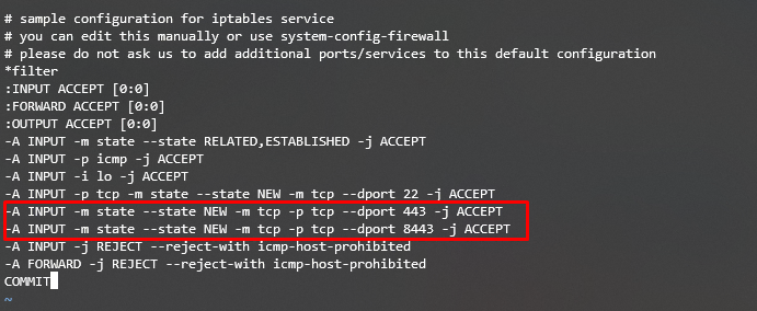 Allowing port 443 and 8443 on CentOS' iptables using Terminal.