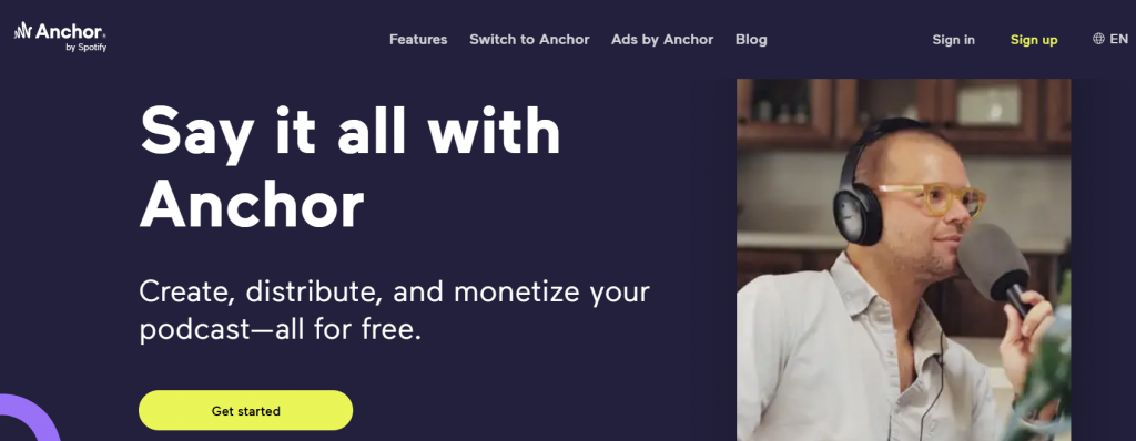 The homepage of Anchor, a podcast platform powered by Spotify